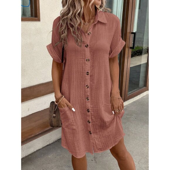 100% cotton textured button down shirt dress boho pink - Picture 1 of 6